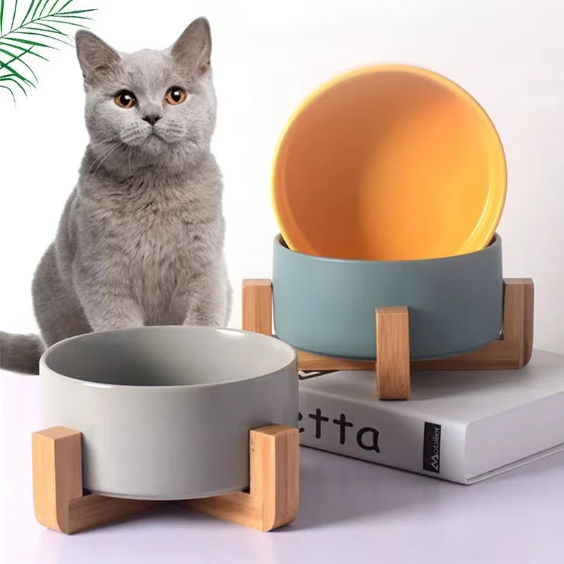 Premium Ceramic Cat & Dog Food Bowl with Wooden Stand